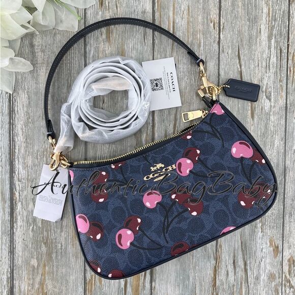 Authentic Coach Teri Shoulder Bag In Blue Signature Canvas With Cherry Print - Picture 4 of 6